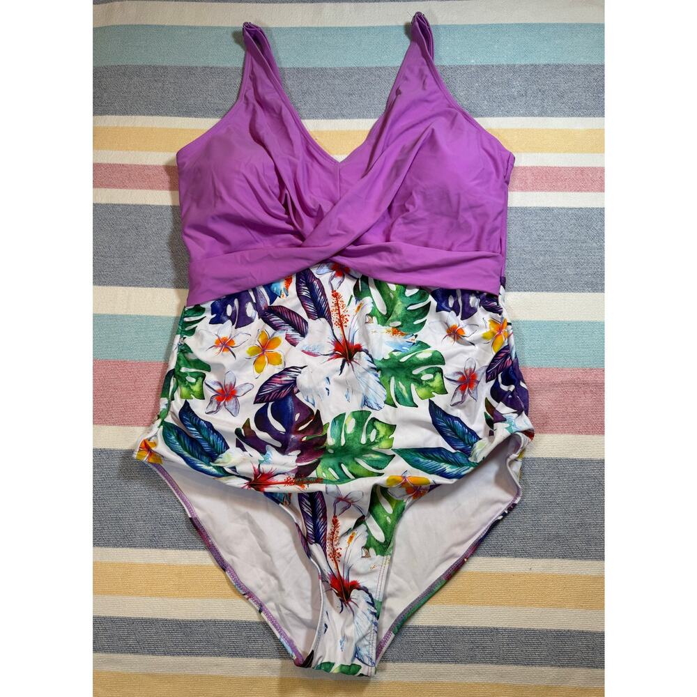 Floral One Piece Swimsuit - Purple & White - 2XL